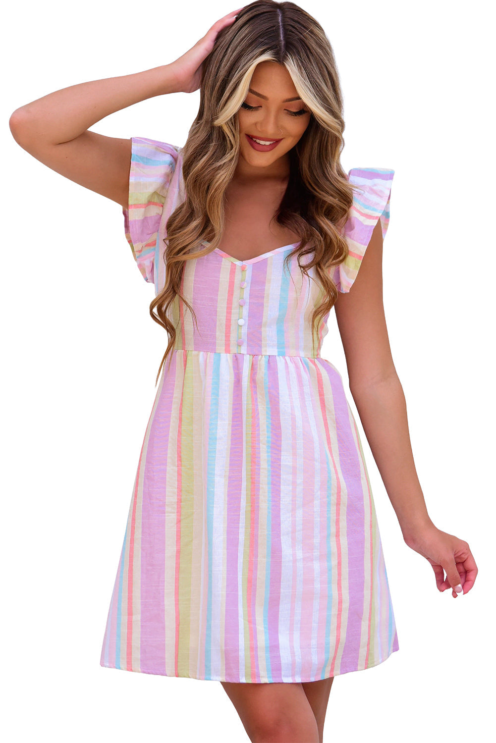 Pink Striped Button Sweetheart Flutter Sleeve Dress