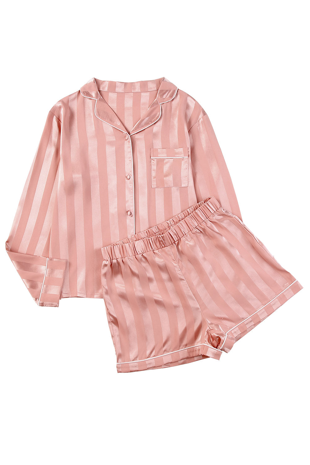 Pink Striped Print Buttoned Shirt and Drawstring Shorts Lounge Set