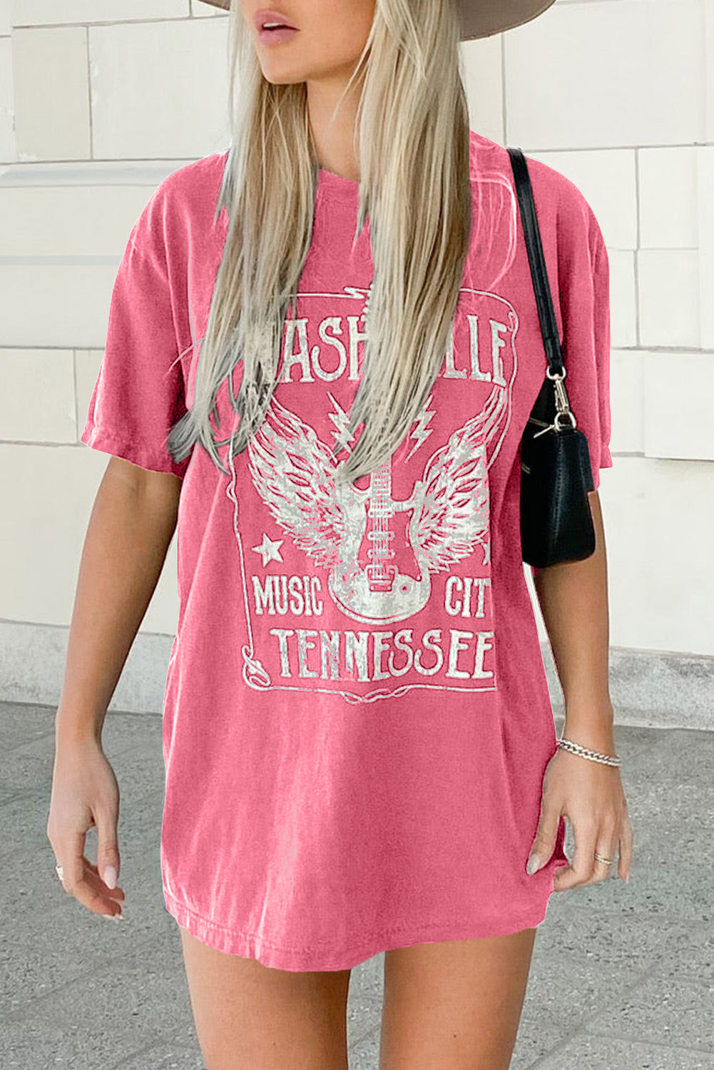 Camiseta extragrande con estampado gráfico de letras y eslogan de guitarra rosa
