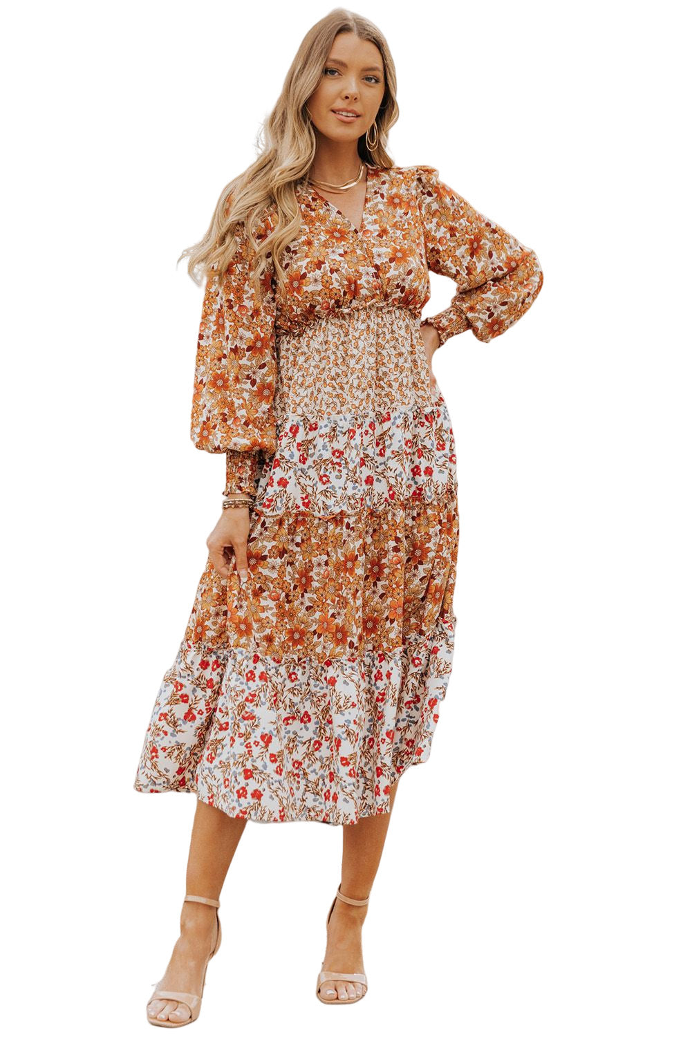 Orange Mix Floral Patchwork Frill Tiered Dress