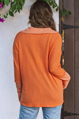 Orange Distressed Seam Trim Waffle Knit Top