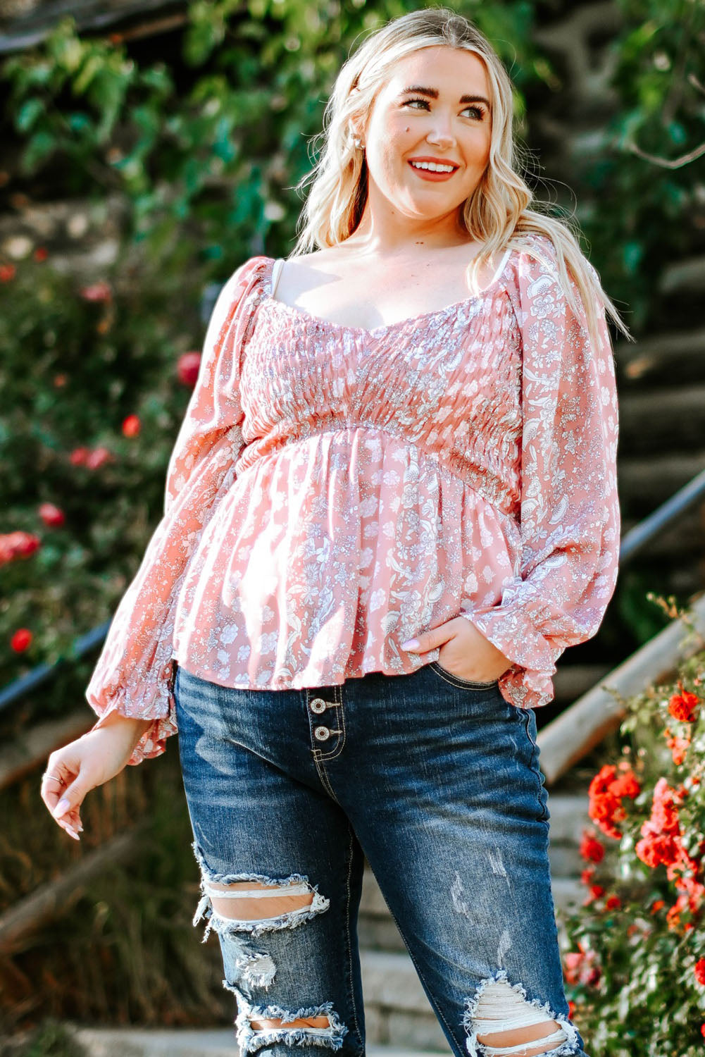 Pink Bohemian Print Puff Sleeve Curvy Peplum Blouse