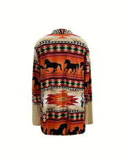 Plus Size Ethnic Style Overcoat, Women's Plus Aztec Print Long Sleeve Medium Stretch Cardigan