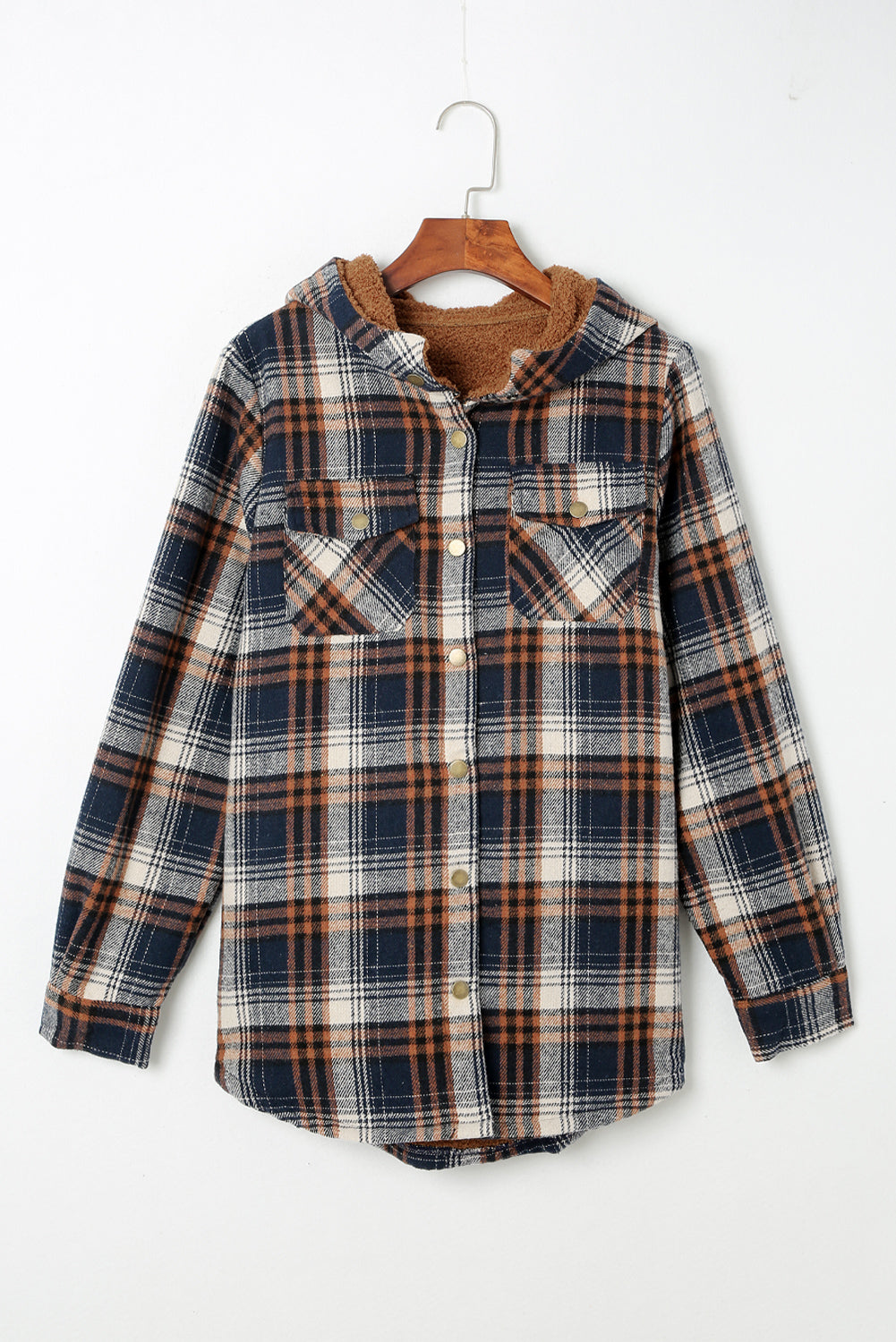 Orange Plaid Pattern Sherpa Lined Hooded Shacket