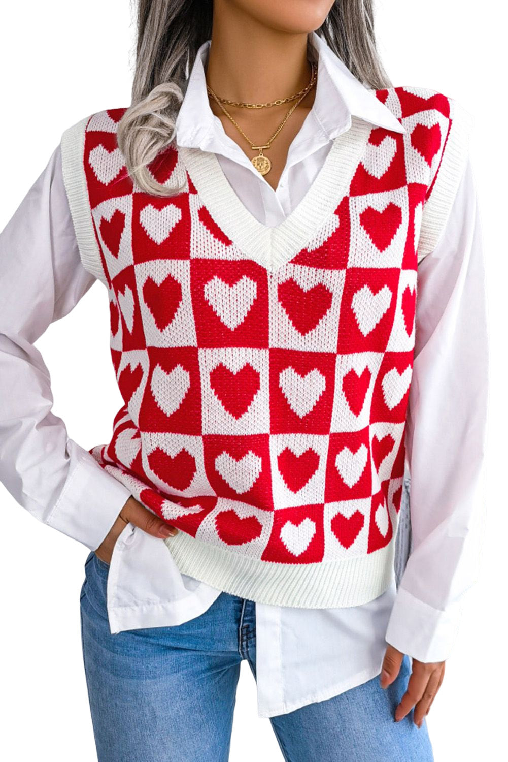 Pink Checked Heart Pattern Sweater Vest