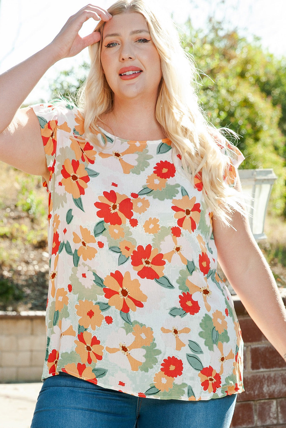 Pink Floral Print Ruffled Flutter Sleeve Blouse