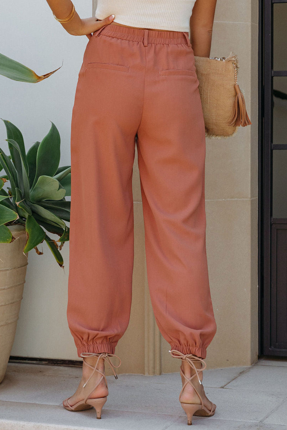 Orange Pockets Ankle-length High Waist Joggers