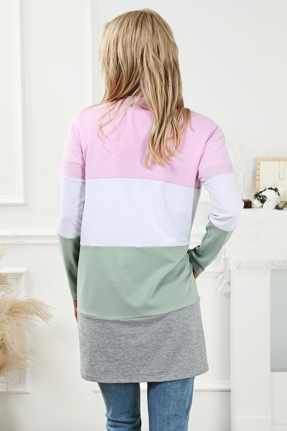 Rosa Strickjacke mit offener Vorderseite und Farbblockdesign in Übergröße