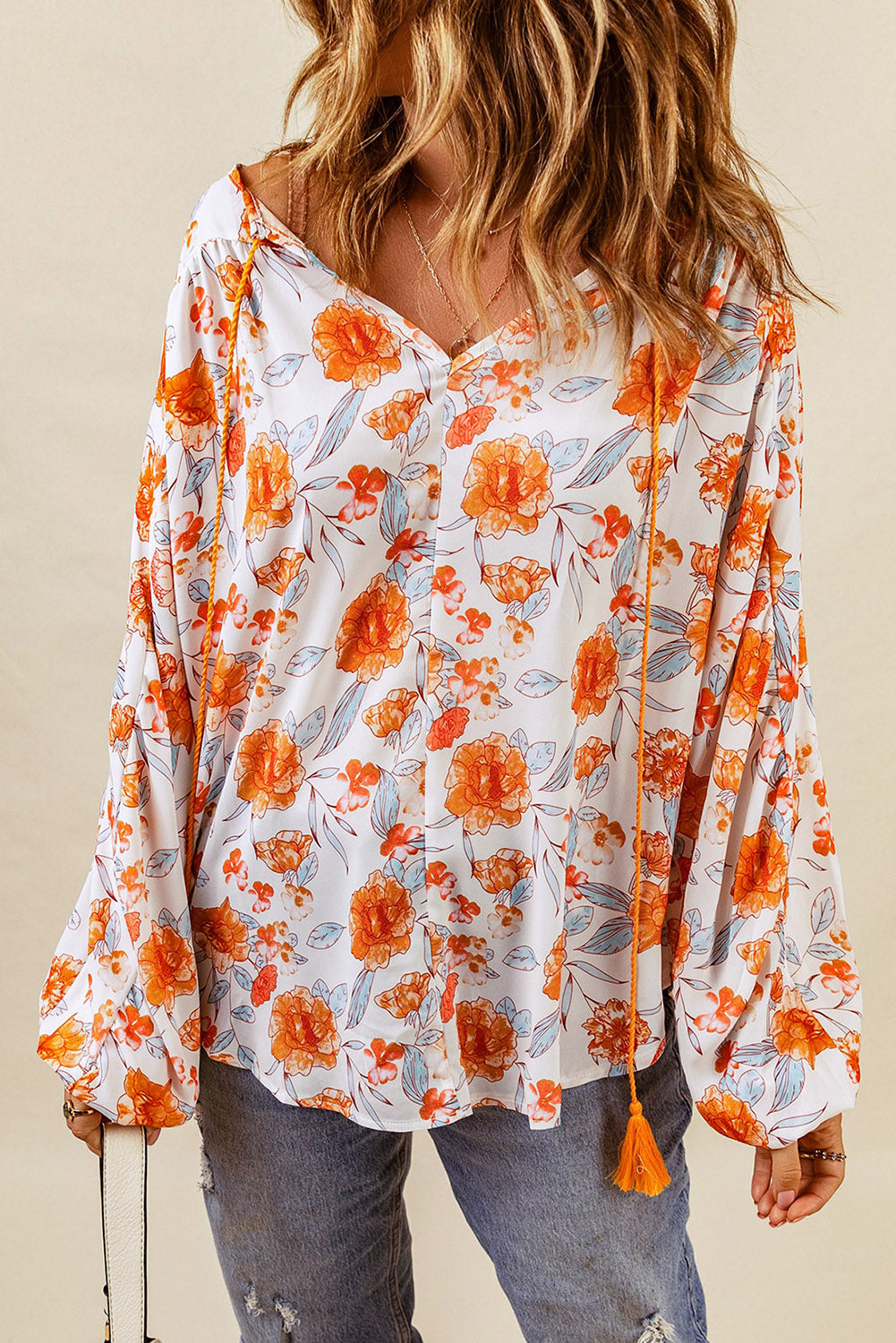 Orange Split V Neck Floral Print Dolman Blouse