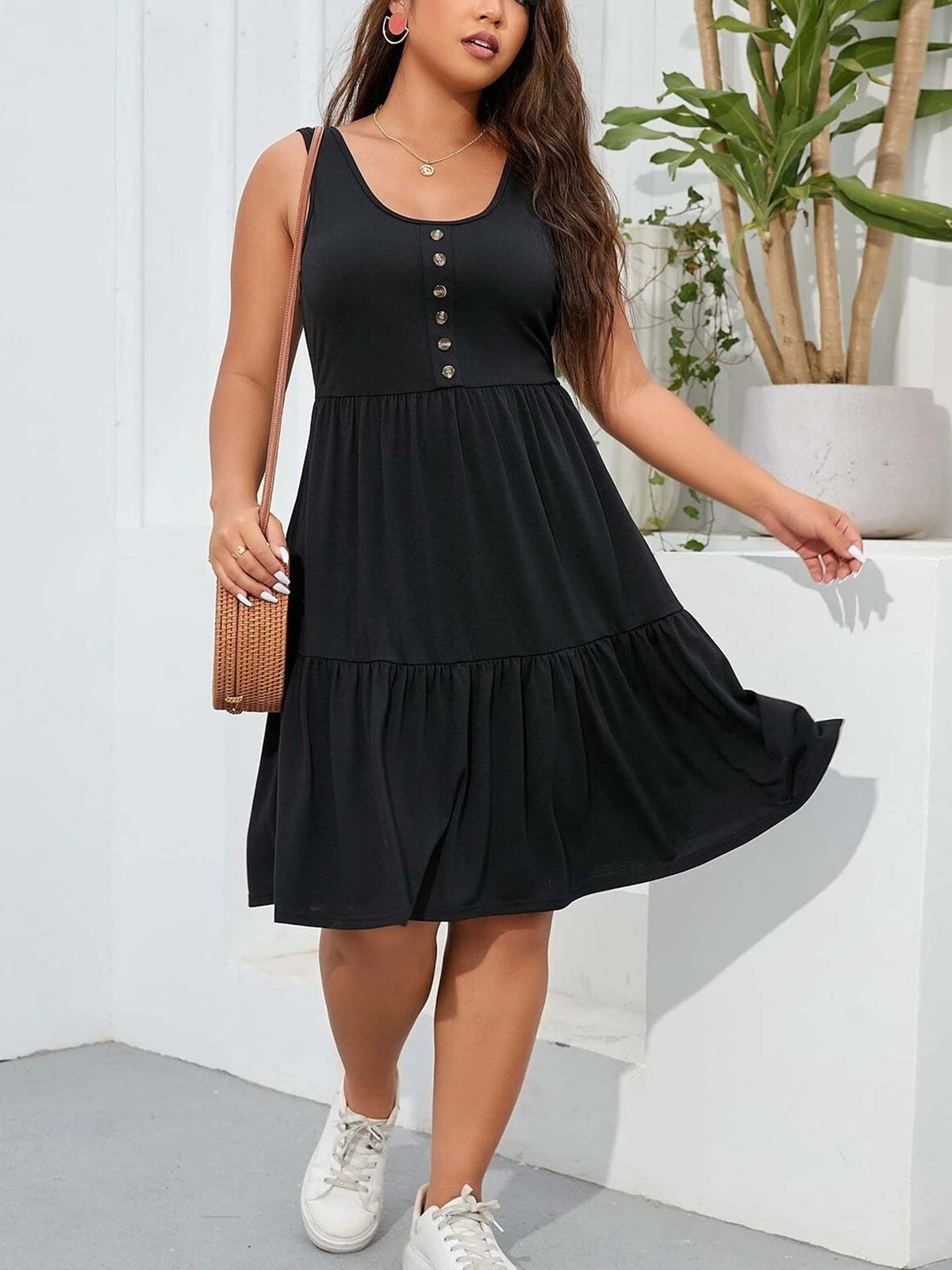 Plus Size Casual Loungewear, Women's Plus Ruffled Hem Button Detail Medium Stretch Comfort Tank Dress