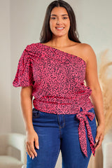 Pink Plus Slant One Shoulder Leopard Tie Drape Blouse