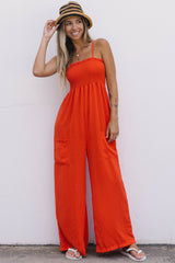 Orange Smocked Spaghetti Straps Wide Leg Jumpsuit