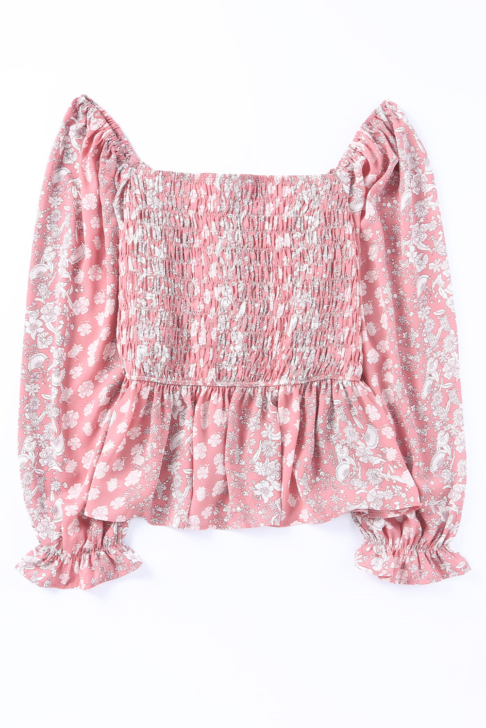 Pink Bohemian Print Puff Sleeve Curvy Peplum Blouse