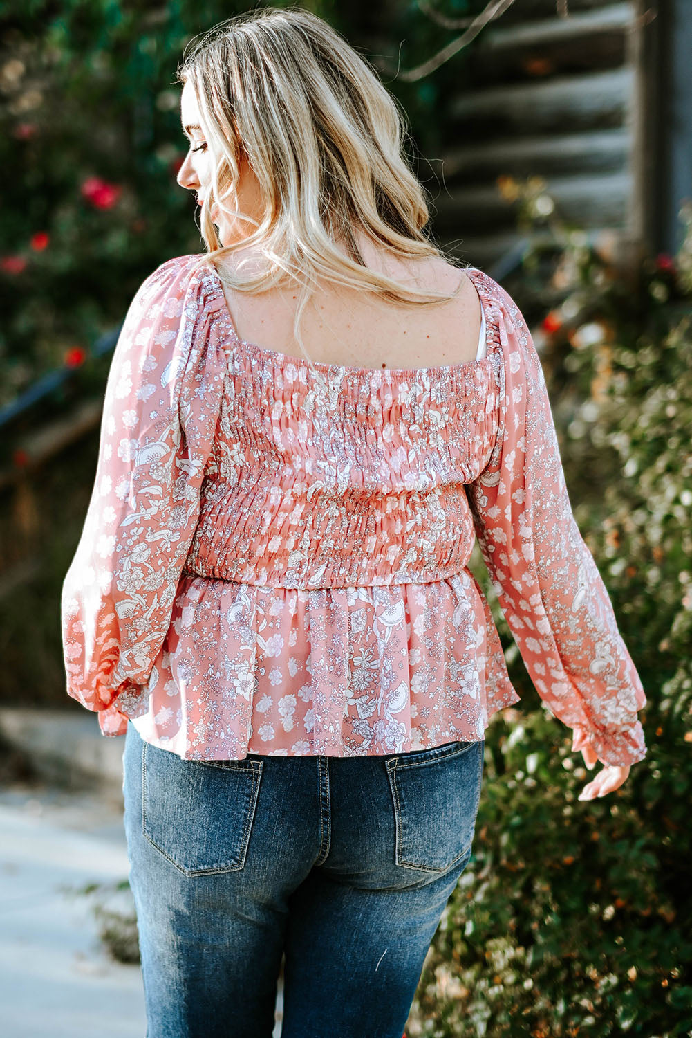 Pink Bohemian Print Puff Sleeve Curvy Peplum Blouse