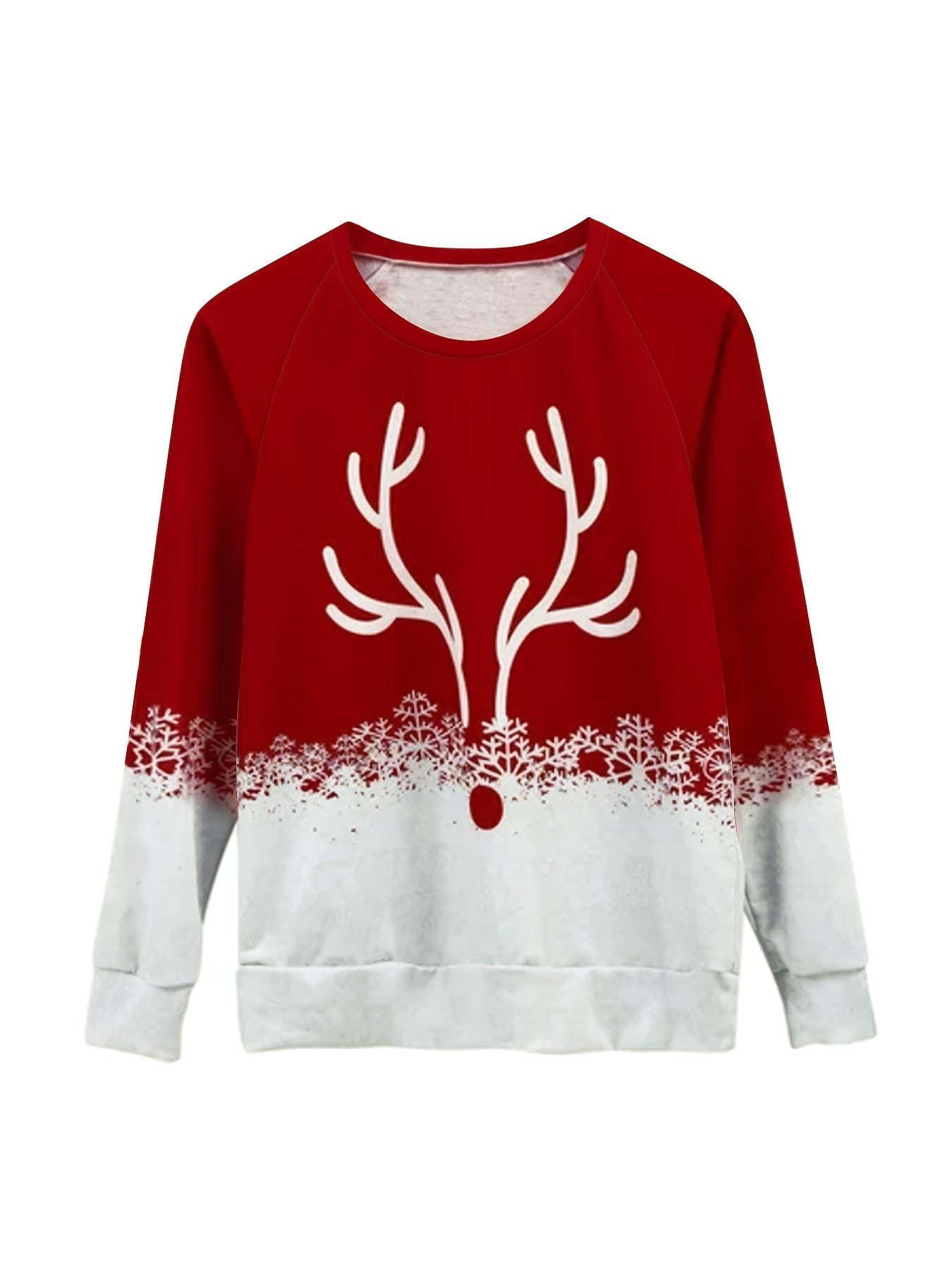 Plus Size Christmas Casual Sweatshirt, Women's Plus Snowflake & Antler Print Long Sleeve Round Neck Medium Stretch Pullover Top