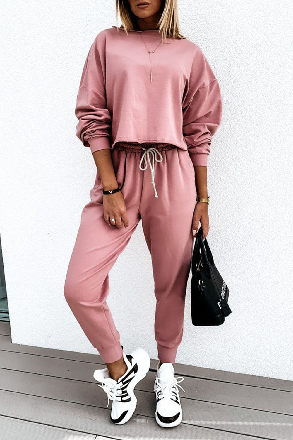 Pink Solid Sport Boxy Fit Pullover & Pants Outfit