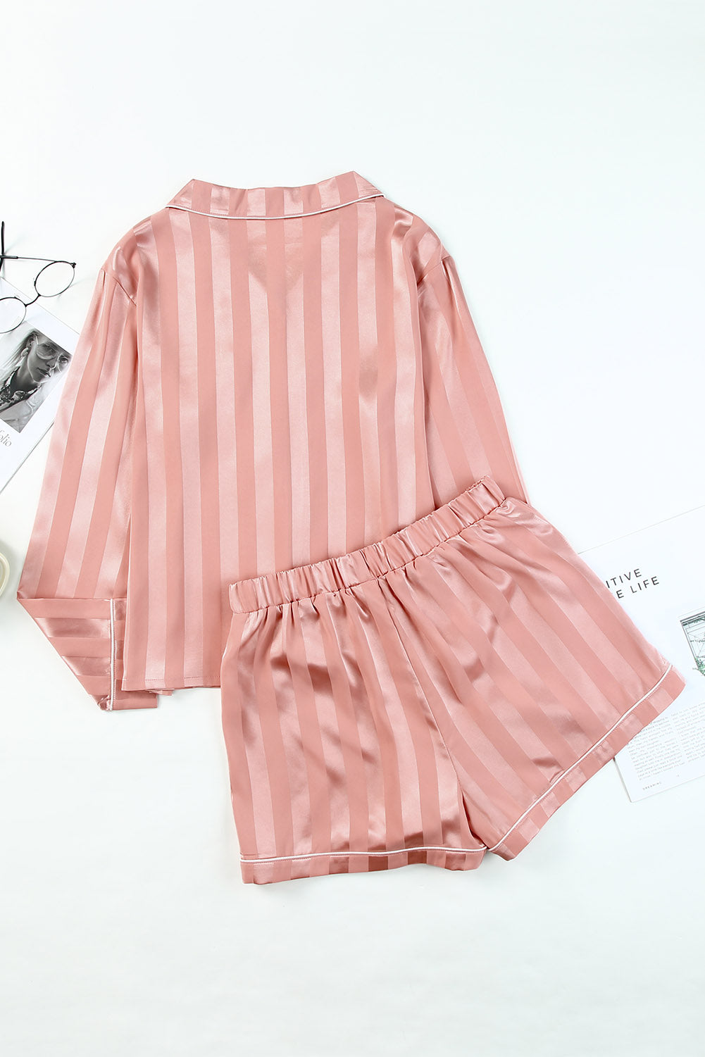 Pink Striped Print Buttoned Shirt and Drawstring Shorts Lounge Set