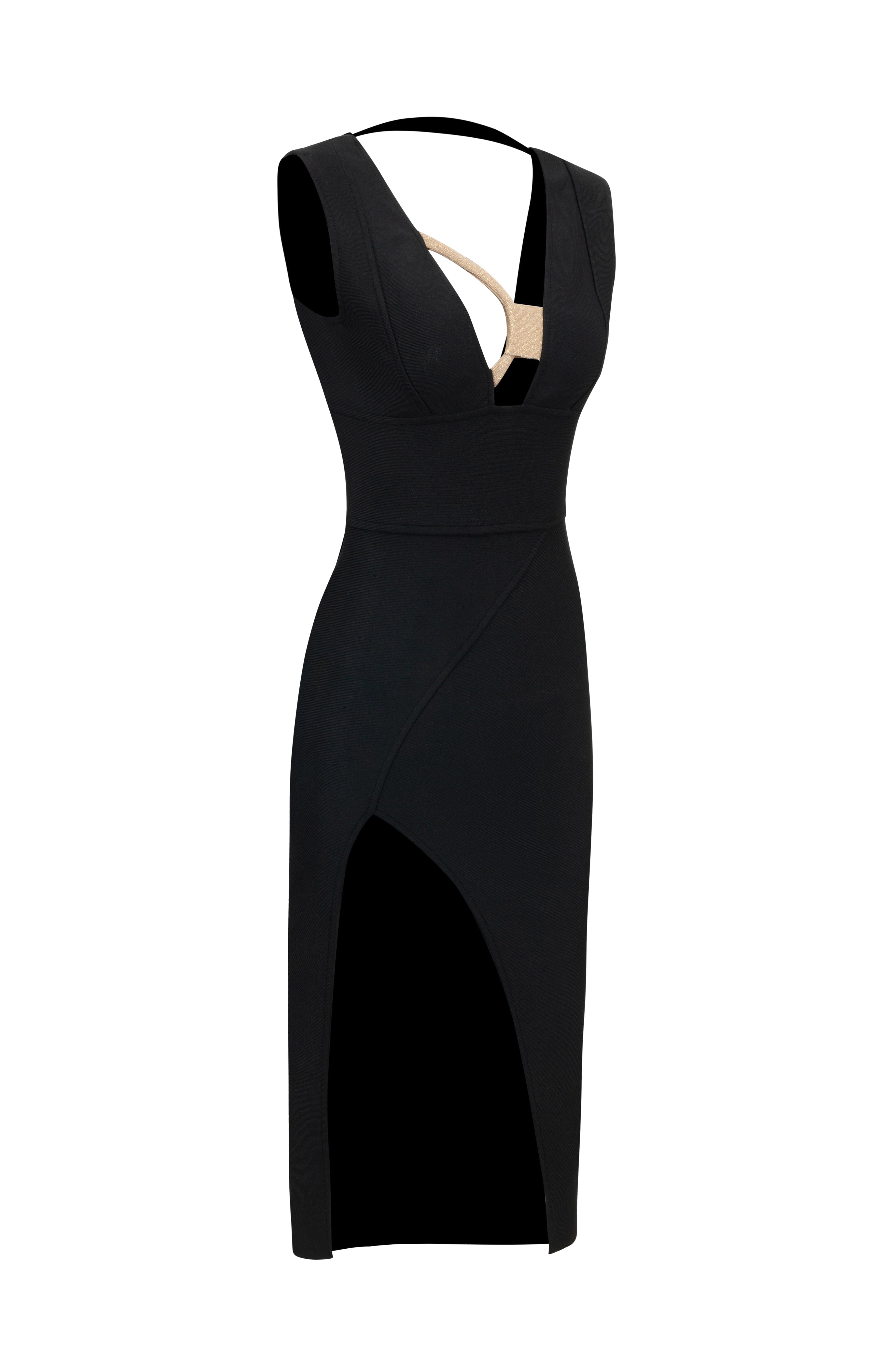 VESTIDO MIDI NEGRO CON ESCOTE EN V PROFUNDO 