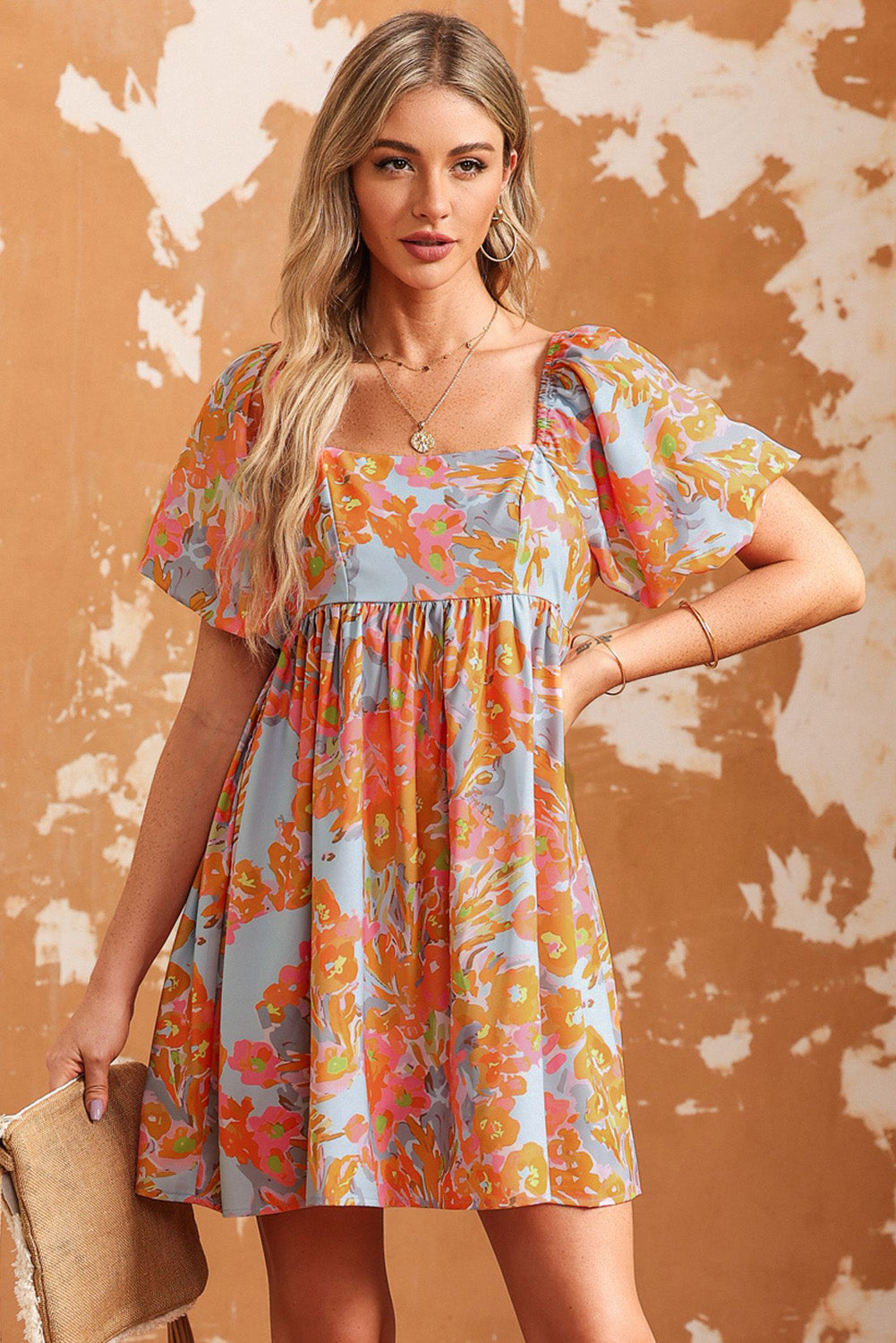 Orange High Waist Square Neck Puff Sleeve Floral Dress