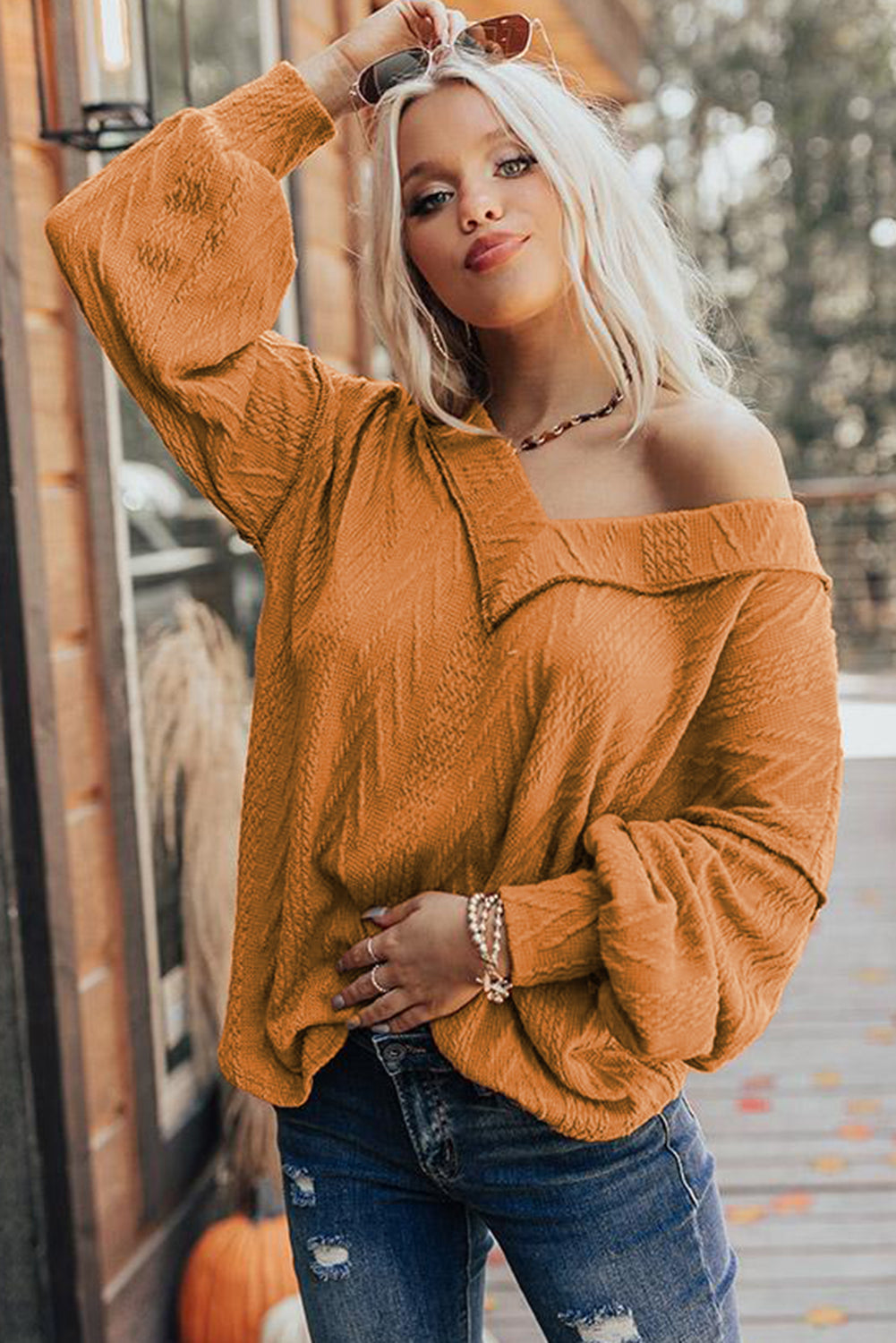 Orange Textured V Neck Long Sleeve Knit Top