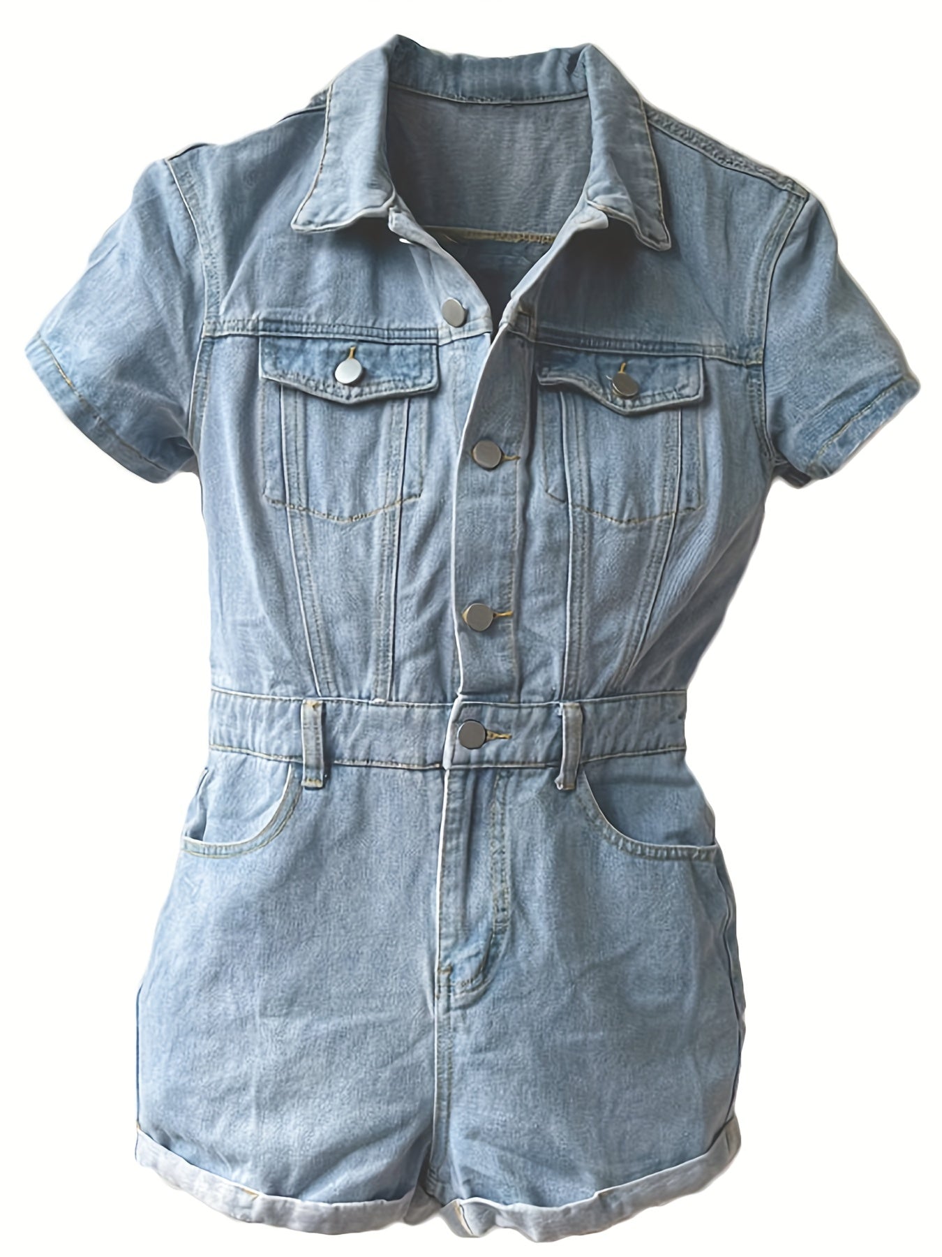 Retro Short Sleeve Roll-Up Hem Button Pocket Denim Jumpsuit