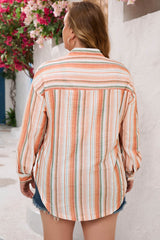 Orange Plus Size Striped Shirt with Chest Pockets