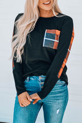 Plaid Patchwork Pocket Long Sleeve Top