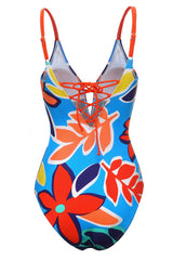 Blue Printed Spaghetti Straps One Piece Swimwear