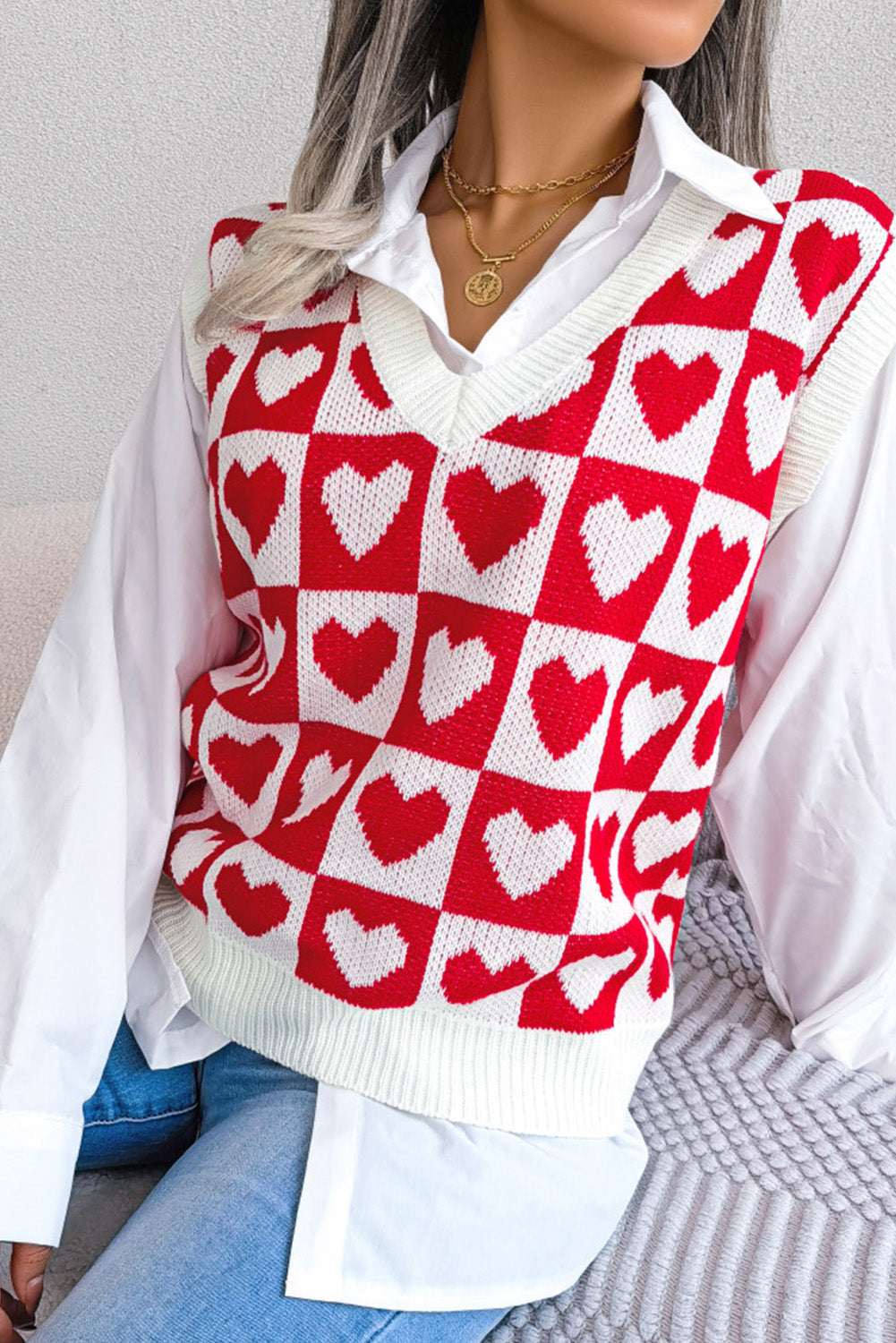 Pink Checked Heart Pattern Sweater Vest