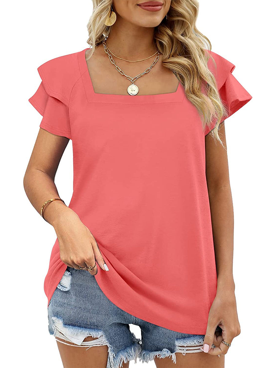 Solid Color Square Neck Double Layer Petal Sleeve T-Shirt