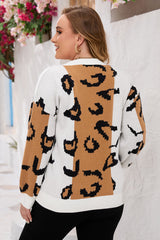 Orange Leopard Print Colorblock Drop Shoulder Plus Size Sweater