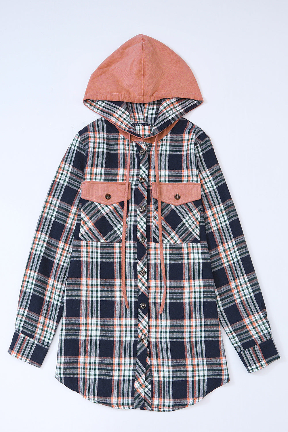 Chaqueta a cuadros con capucha y cordón ajustable en contraste rosa