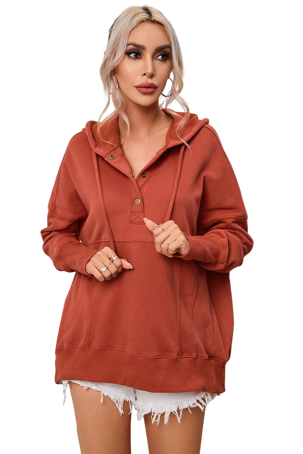 Orange Oversized Snap Buttons Thumb Hole Pullover Hoodie