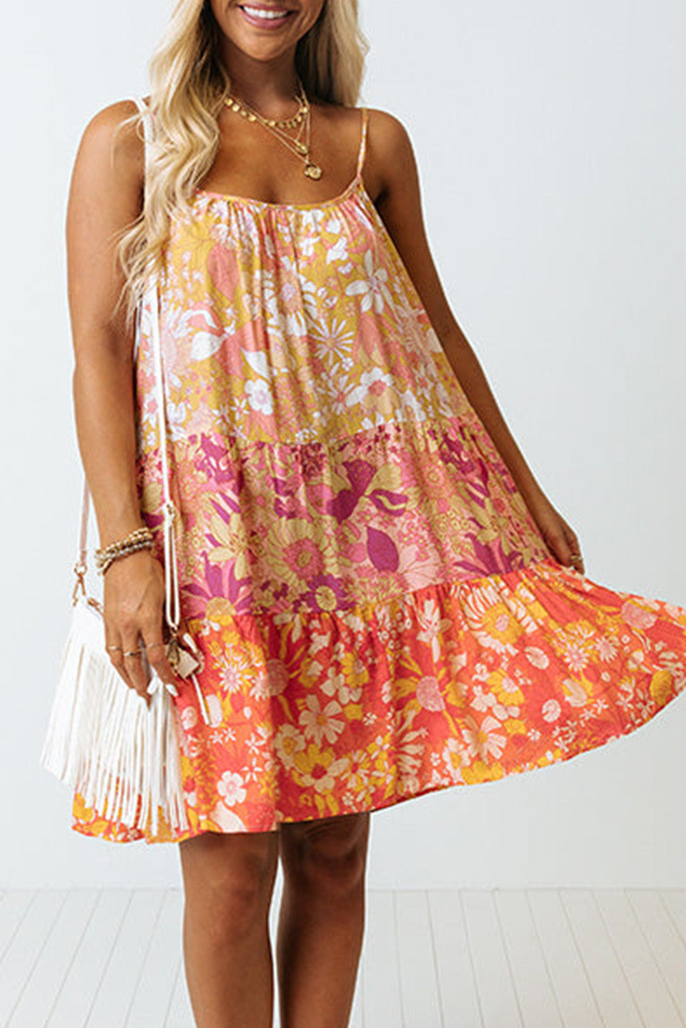 Orange Floral Print Tiered Spaghetti Straps Shift Dress