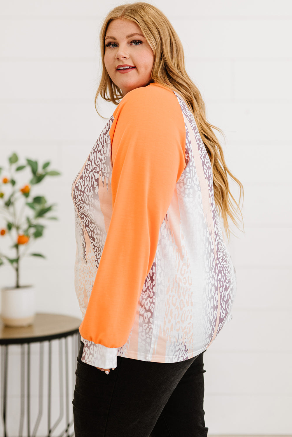 Orange Snakeskin Print Raglan Long Sleeve Plus Size Top