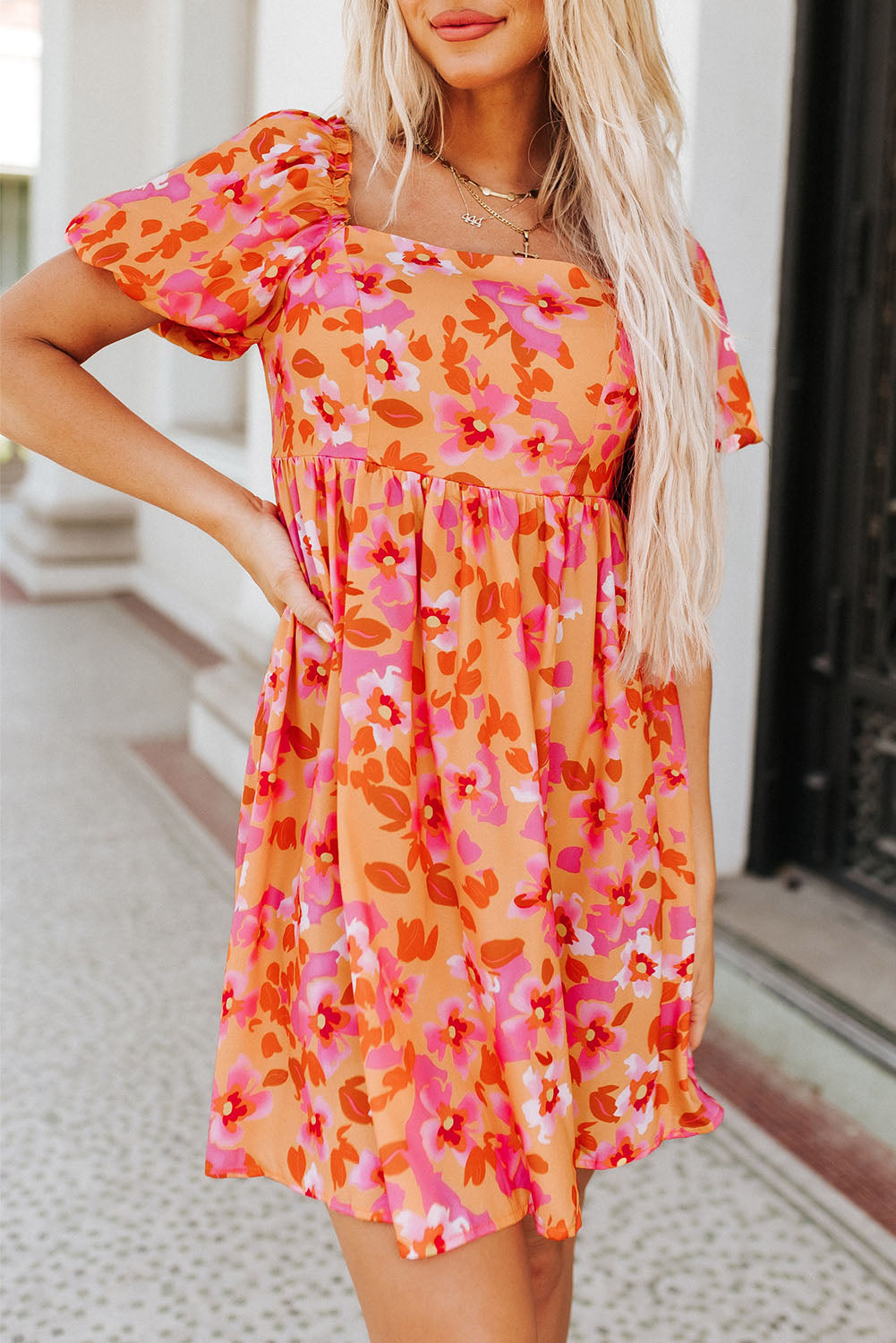 Orange Puff Sleeve Bow Knot Open Back Floral Mini Dress