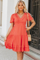 Orange Ruffle V Neck Tiered Puff Sleeve Mini Dress