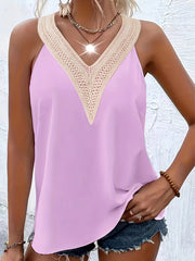 Plus Size Elegant Tank Top, Women's Plus Colorblock Contrast Lace V Neck Tank Top