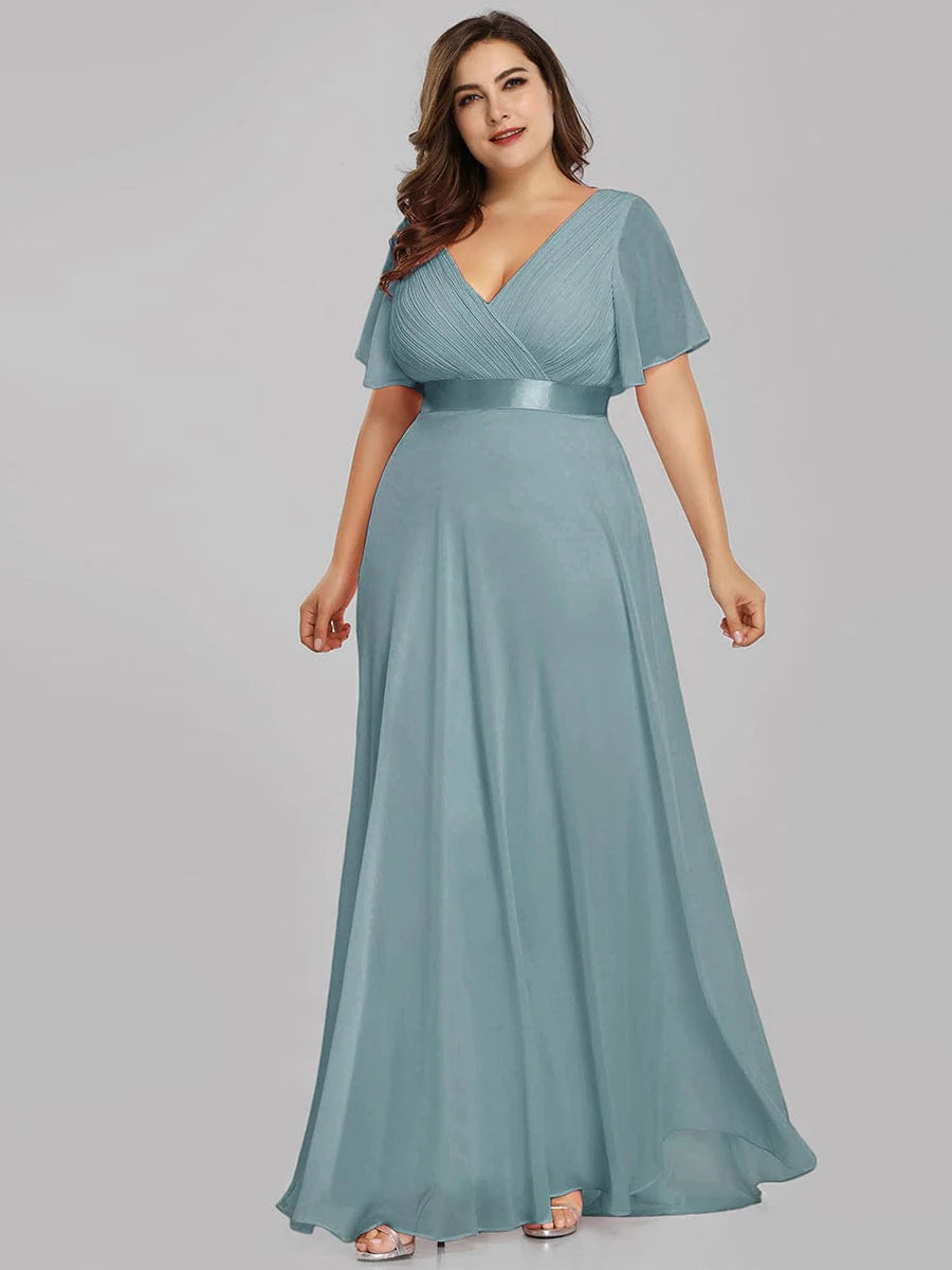 Plus Size Empire Waist V Back Bridesmaid Dress with Short Sleeves