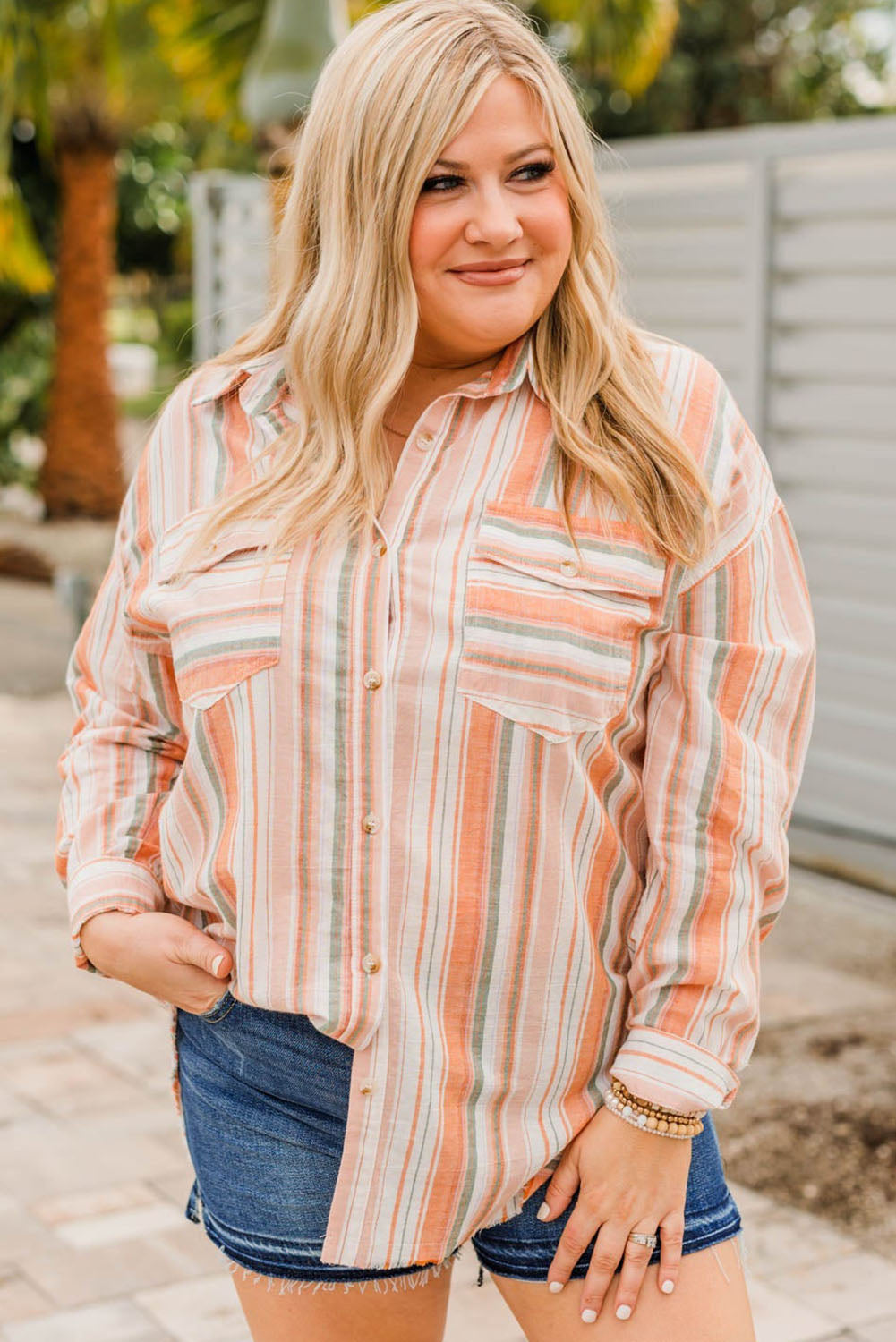 Orange Plus Size Striped Shirt with Chest Pockets