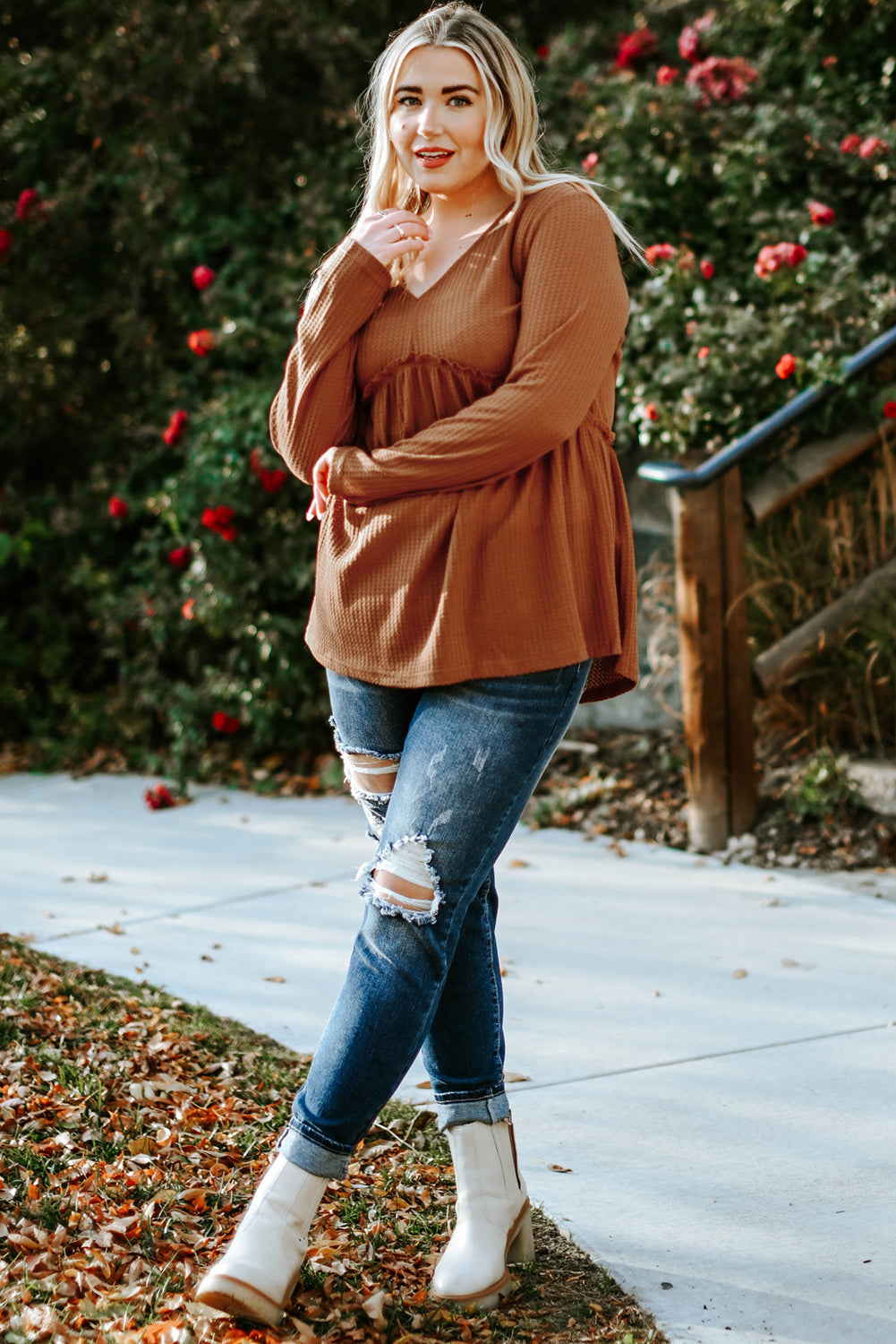 Orange Plus Size Ruffled Waffle Knit Top