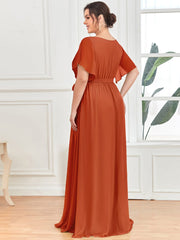 Plus Size Ruffle Pleated Chiffon Tie-Waist Evening Dress