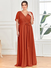 Plus Size Ruffle Pleated Chiffon Tie-Waist Evening Dress