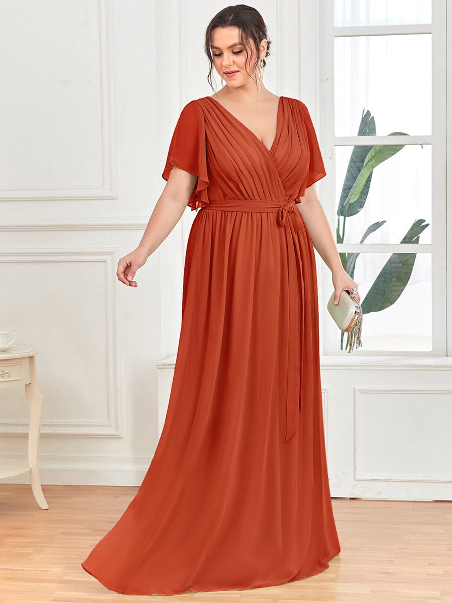 Plus Size Ruffle Pleated Chiffon Tie-Waist Evening Dress