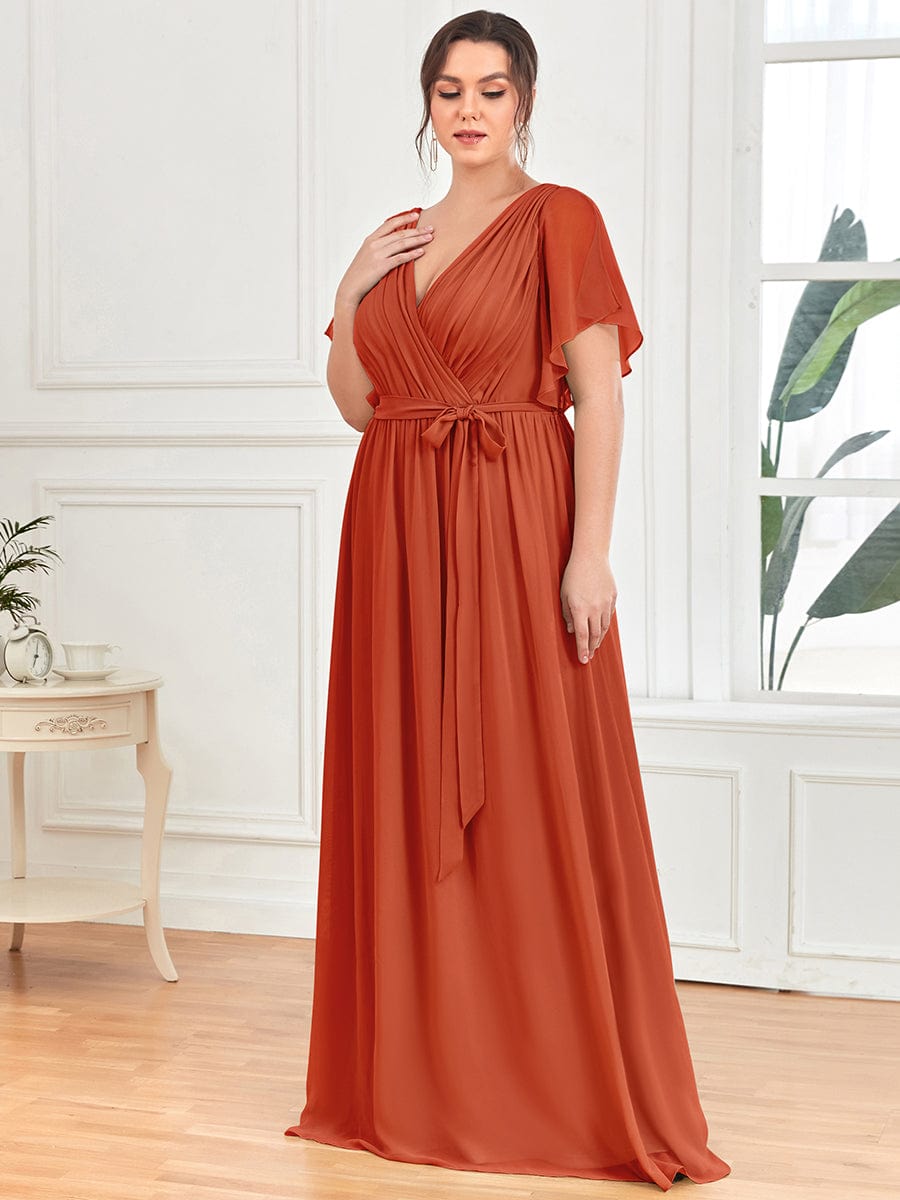 Plus Size Ruffle Pleated Chiffon Tie-Waist Evening Dress