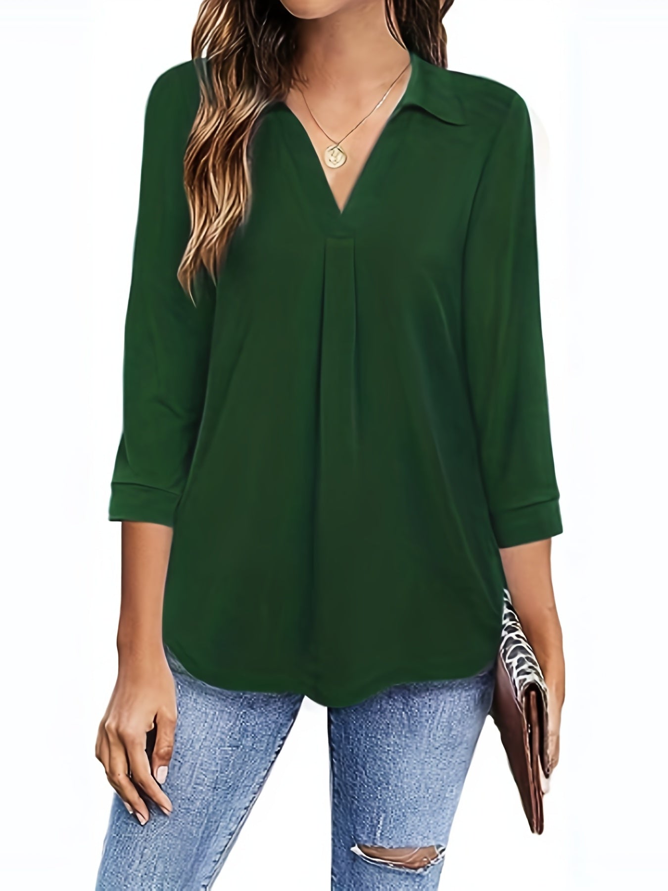 Plus Size Casual Blouse, Women's Plus Solid Half Sleeve Turn Down Collar Tunic Top