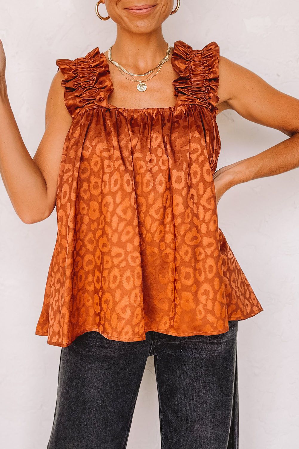 Orange Leopard Print Ruffled Wide Strap Satin Tank Top