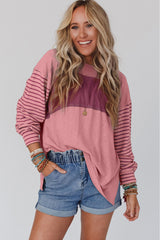 Moeak Blossom Colorblock Striped Bishop Sleeve Top