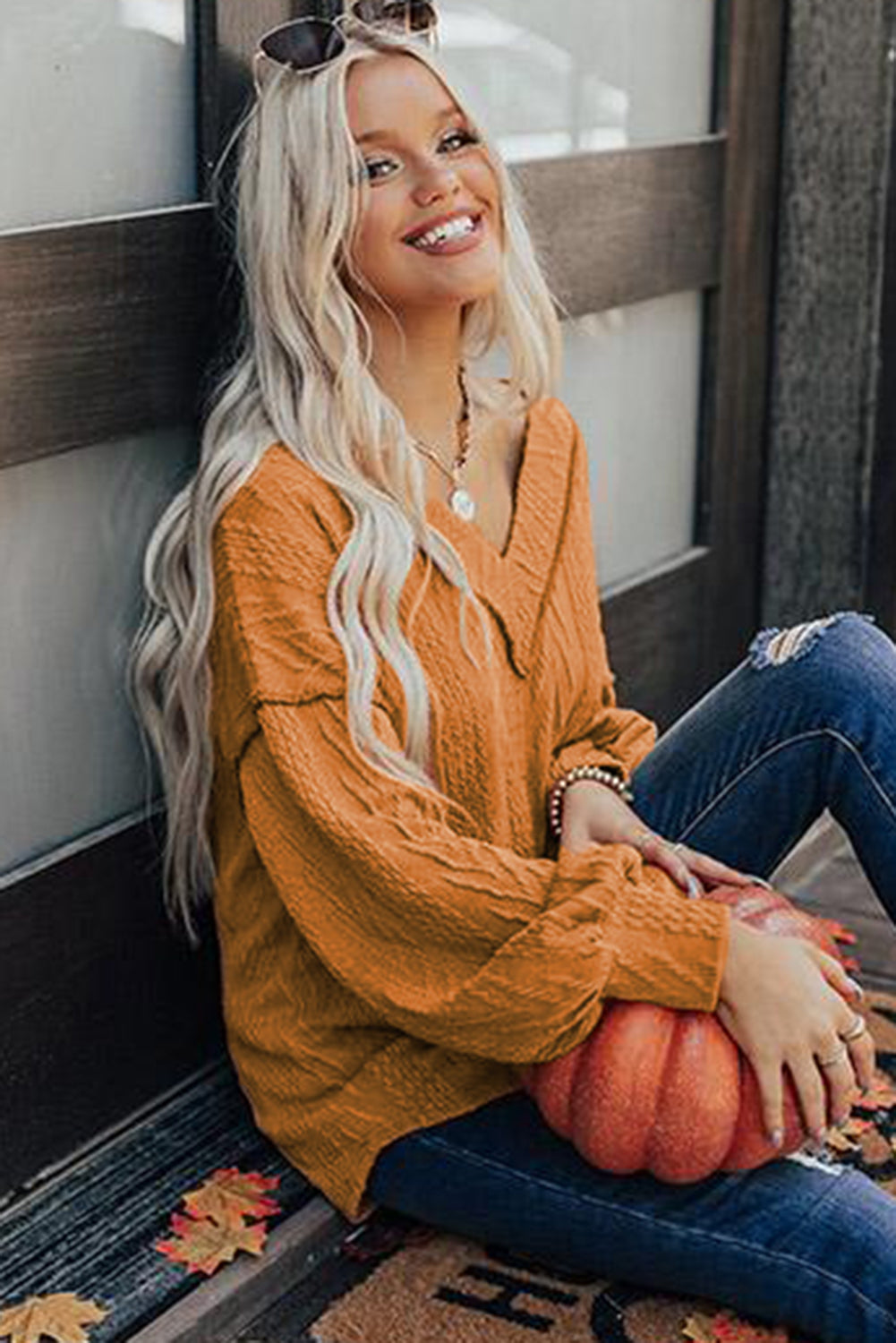 Orange Textured V Neck Long Sleeve Knit Top