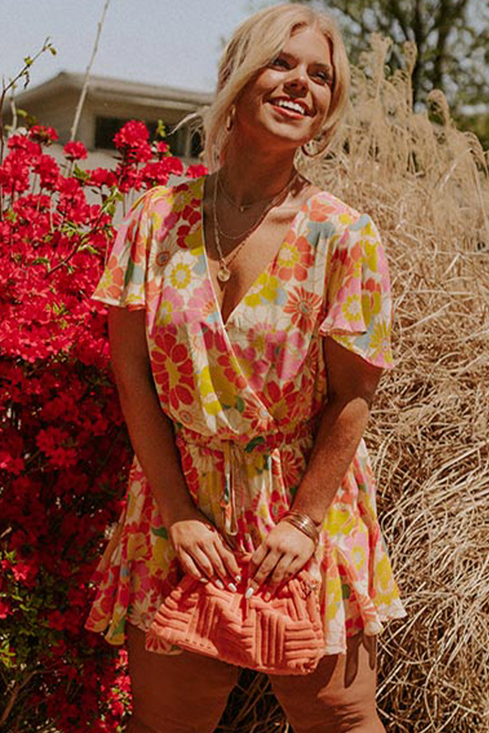 Orange Shirred Neck Summer Floral Dress